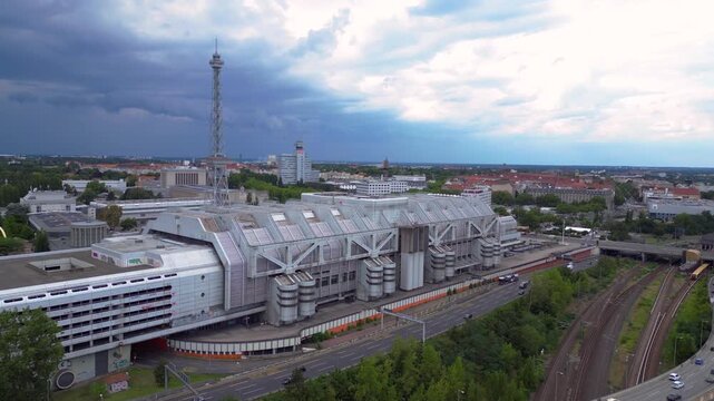 Berlin skyline, radio tower, exhibition grounds Amazing aerial view flight drone