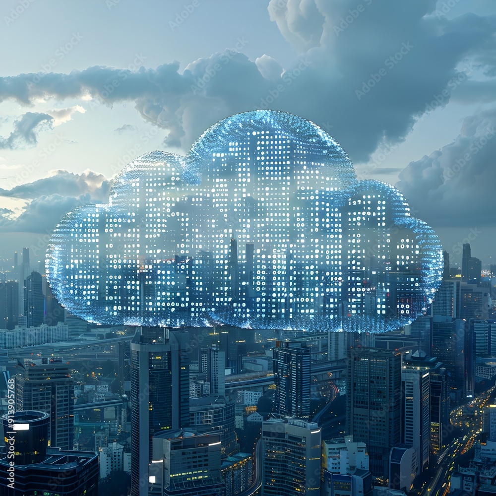 Poster futuristic cloud of binary code hovering above cityscape digital transformation and innovation conce