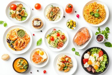 various plates of food isolated on white background, top view , ai