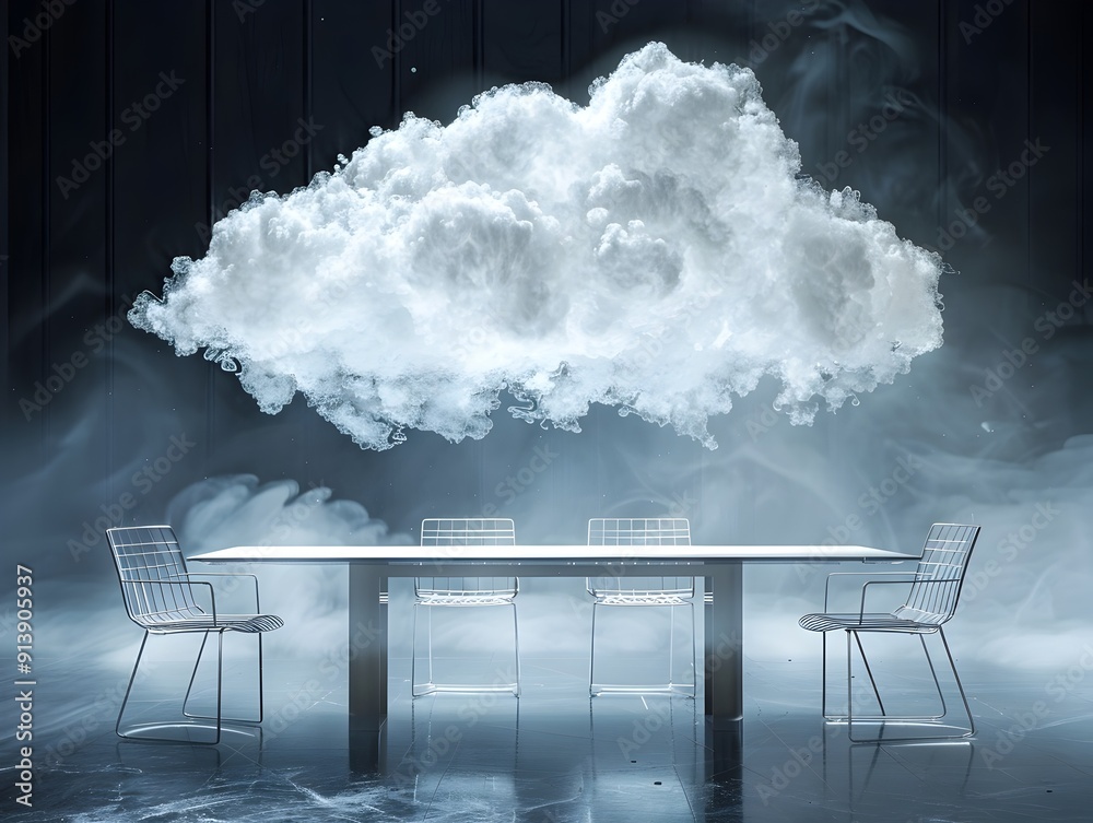 Poster ethereal cloud hovering over business meeting table symbolizing collaborative work and cloud computi