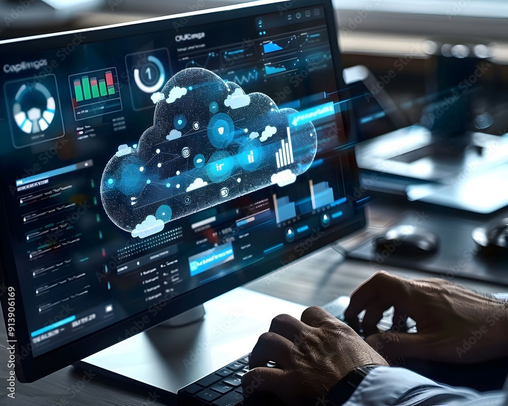Poster it professional managing cloud computing resources with digital analytics dashboard