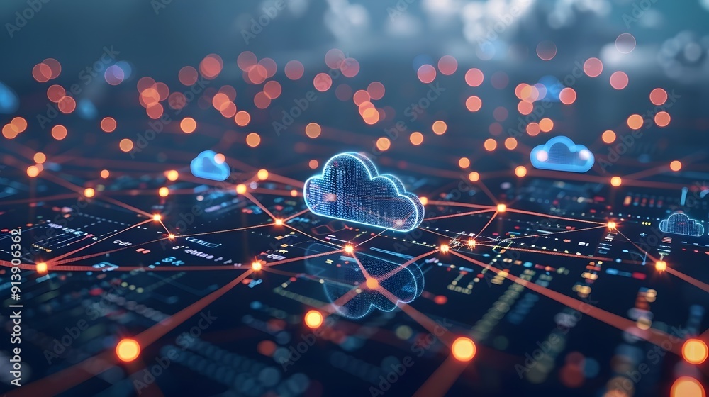 Poster futuristic cloud computing concept with floating digital connections and glowing bokeh backdrop