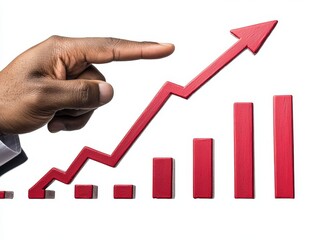 Hand in business attire pointing at upward growth chart indicating success and progress
