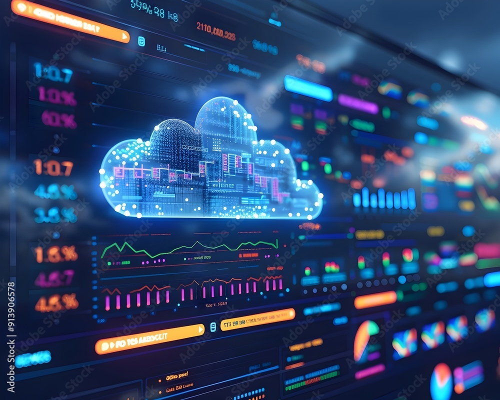 Poster data analytics in the cloud digital charts and graphs on a screen cloud computing technology concept
