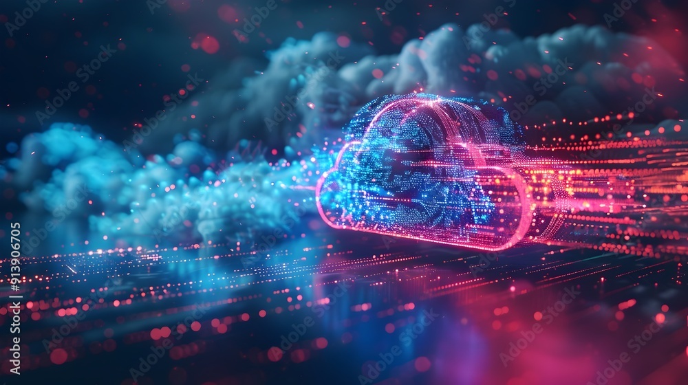 Poster futuristic digital cloud with glowing data streams representing cloud computing and storage technolo