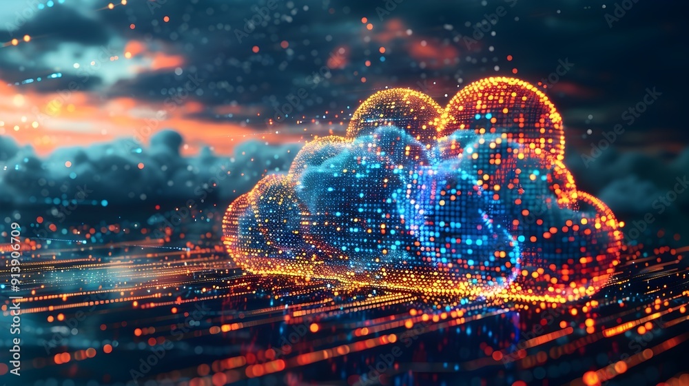 Poster Digital Cloud with Flowing Data Streams Representing Cloud Computing and Storage Services