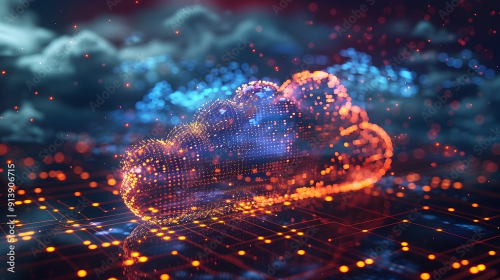 Poster glowing digital cloud with streaming data particles representing cloud computing technology