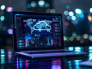 Glowing Digital Cloud Computing Dashboard on Laptop in Dark Environment