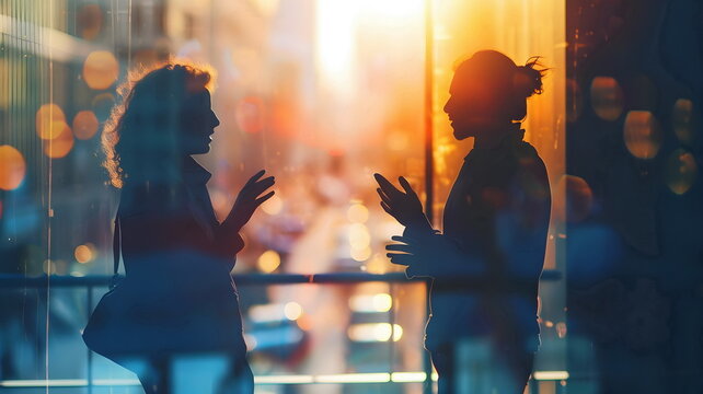 Silhouetted Conversation Urban Sunset Bokeh Backdrop