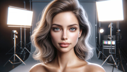 A woman stands in a photo studio, striking a pose for a photographer capturing her image