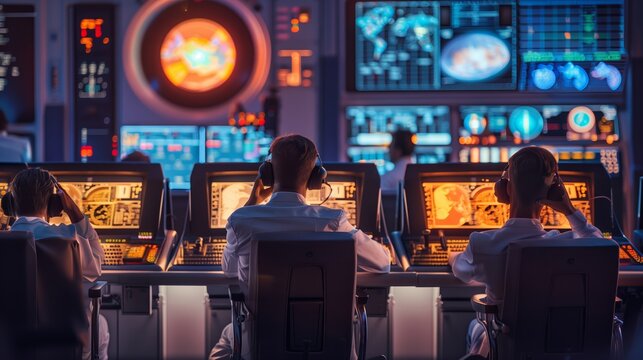 Team of Scientists in Control Room Monitoring Space Mission Operations at Night