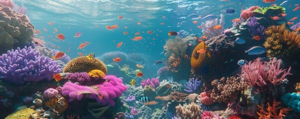 Serene coral reef scape with colorful fish swimming, 4K hyperrealistic photo