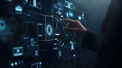 Fototapeta premium Businessman touching virtual screen with justice law scale icon on dark background, AI technology concept for online business and diagram data of graphic design vector