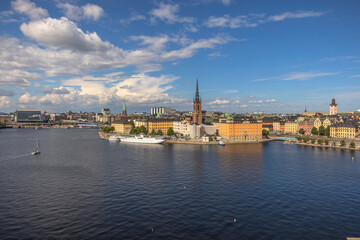 Wide-angle Panoramic cityscape view of the old town of Stockholm, Sweden