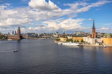 Fototapeta premium Wide-angle Panoramic cityscape view of the old town of Stockholm, Sweden