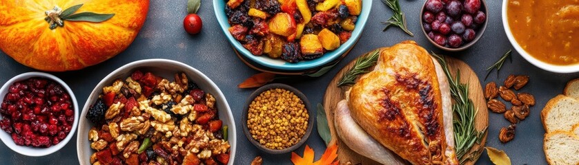 Fototapeta premium Thanksgiving dinner, vibrant colors, delicious dishes, cozy setting, inviting