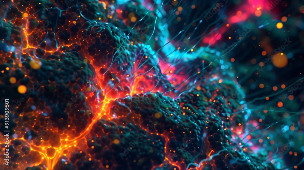 Poster vibrant abstract representation of neuronal connections in a high-tech neural network environment