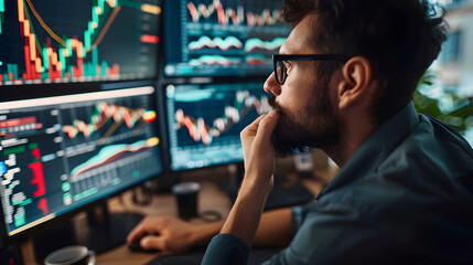 Stock market analyst examining complex financial documents, surrounded by data charts and computer screens.