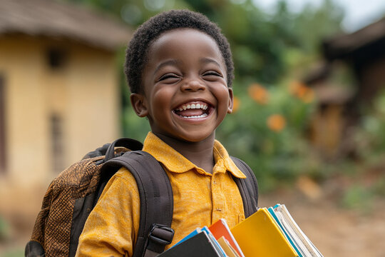 Black schoolboy holds books with a backpack