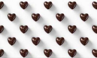 Pattern of heart shaped chocolate candies on a white background