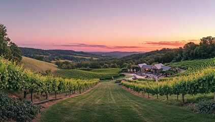 A beautiful sunset over a vineyard with a large building in the background