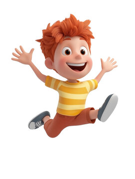 happy smiling jumping playing running boy, kid teenager in 3d style design on white background. Human emotion expression 