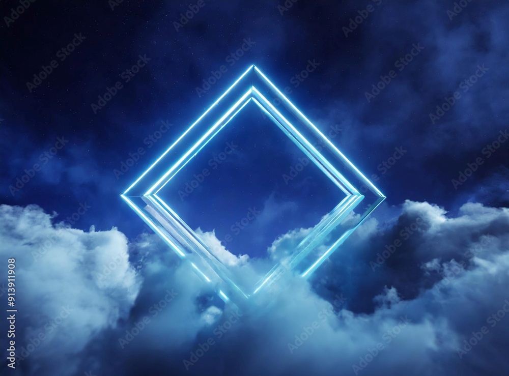 Wall mural blue diamond neon light wallpaper with clouds