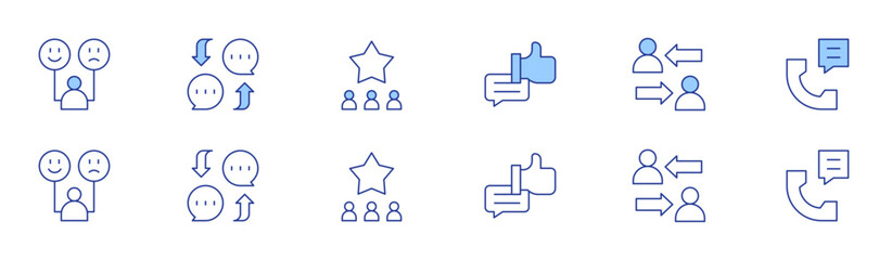 Feedback icon set in two styles, Duotone and Thin Line style. Editable stroke. customer behavior, like, shift, chat, star, feedback