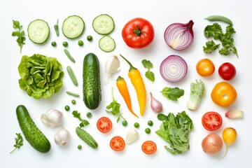 Creative layout made of summer vegetables. Food concept. Tomatoes, onion, cucumber, green peas, garlic, cabbage, chilly pepper, yellow pepper, salad leaves and radish on white background , ai
