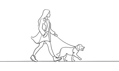 Girl walking with dog continuous line art drawing isolated on white background. Friend line art drawing. Vector illustration
