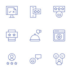 Feedback icons set. Thin Line style, editable stroke. good review, review, customer behavior, computer, smartphone, rating, thumbs down