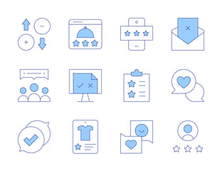 Feedback icons. Line Duotone style, editable stroke. restaurant, bad review, review, feedback, computer, checklist, positive review, customer satisfaction, rating