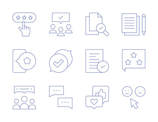 Feedback icons. Thin Line style, editable stroke. phone, survey, audience, write, feedback, like, rating, document