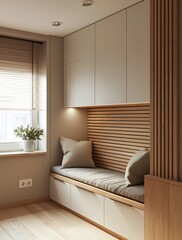 Modern built-in cabinet with white cabinets and cozy bench seat by a window