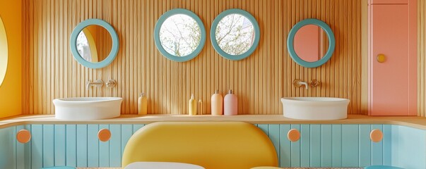 Colorful children's bathroom with two white basins and round mirrors