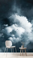 Dark blue and black cloud wall mural in modern interior with white chair and small table