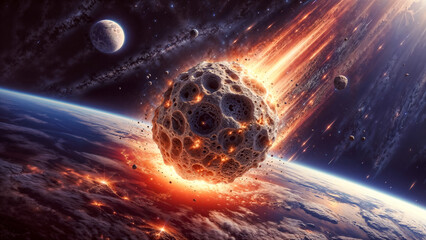 Massive asteroid entering Earth's atmosphere with fiery trail, showcasing detailed rocky surface against backdrop of space and the planet below. Scene conveys sense of cosmic drama and peril.