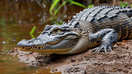 Obraz premium Close-up of an Alligator's Head and Body Resting on a Muddy Bank