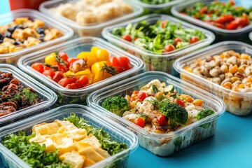 Obraz premium Many containers with delicious food on color background , ai