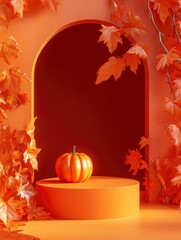 Halloween product mockup background with 3D orange product podium display and pumpkin,3D render illustration with generative aii