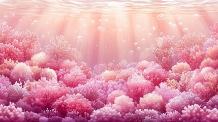 A captivating underwater scene featuring a lush coral reef bathed in soft, warm sunlight. 