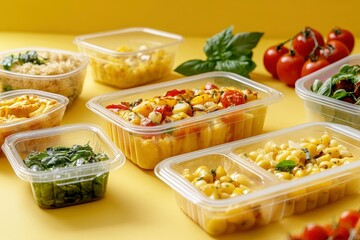 Many containers with delicious food on color background , ai