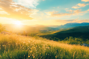 A beautiful, sunlit field with a clear blue sky