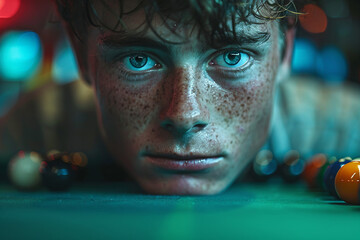 Billiards room bar pub club focused pool player beating balls, generative AI illustration