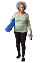 Happy black senior woman with a yoga mat and a water bottle mockup