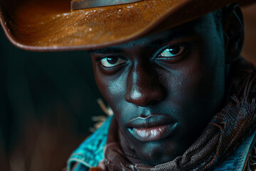 Dramatic western movie scene personage harsh brutal cowboy beautiful cowgirl, Generative AI