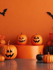 Halloween product mockup background with 3D orange product podium display and pumpkin,3D render illustration with generative aii