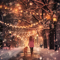 Back view of a young woman wearing a pink coat Walk your dog along the illuminated walkway at night.