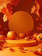 Halloween product mockup background with 3D orange product podium display and pumpkin,3D render illustration with generative aii