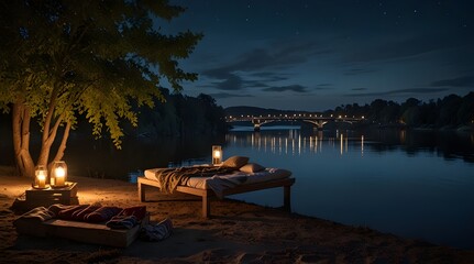 Fototapeta premium Outdoor holidays setup by the river at night.generative.ai 